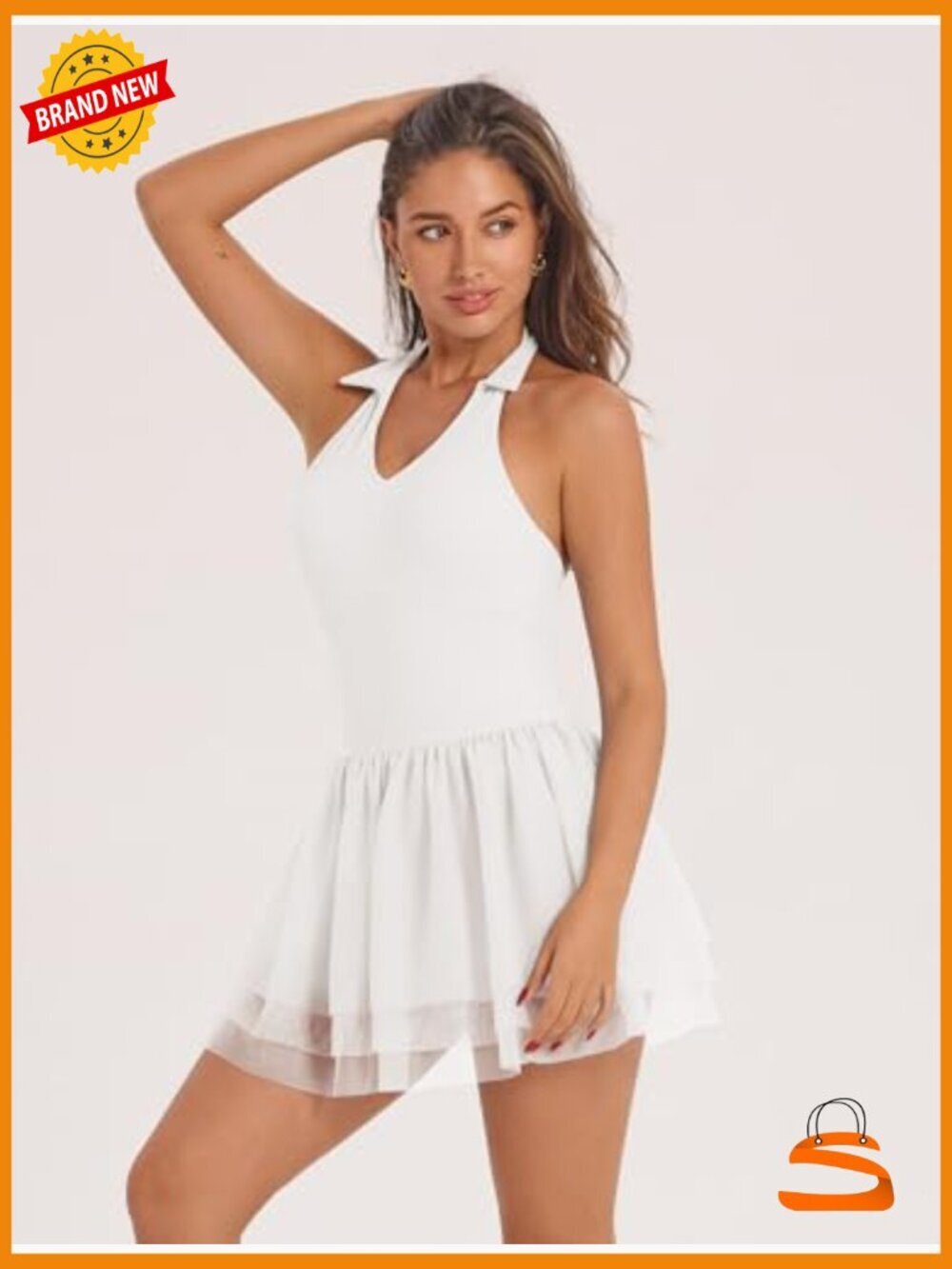 V Neck Halter Backless Tiered Tulle Dress with Built-in Shorts - Picture 4 of 6